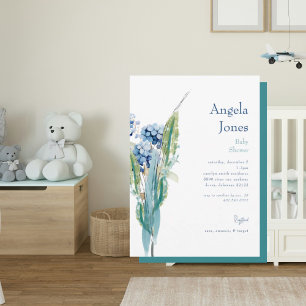 Blue Floral Watercolor Foliage Baby Dusche Einladung