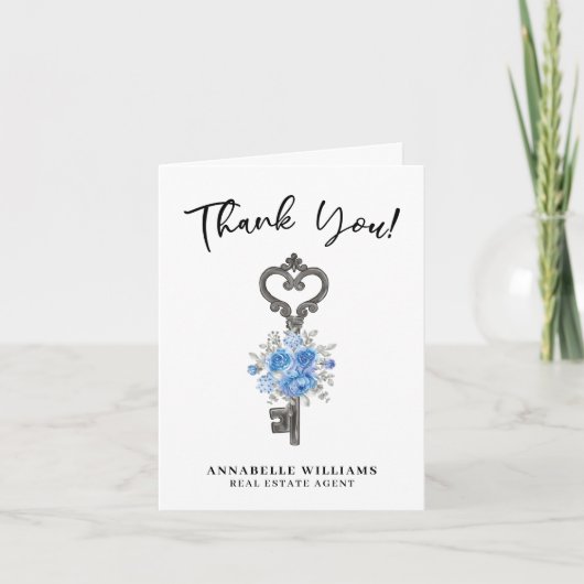 Blue Floral Watercolor Key Real Anwesen Agent Dankeskarte (Vorderseite)