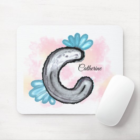 Blue Floral Watercolor Letter C Mousepad (Mit Mouse)