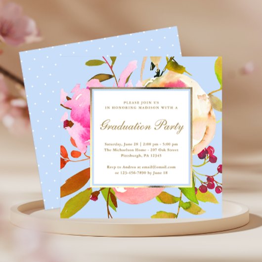 Blue Floral Watercolor mit Dots Graduation Party Einladung