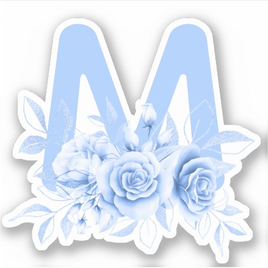 Blue Floral Watercolor Monogram Aufkleber (Vorderseite)