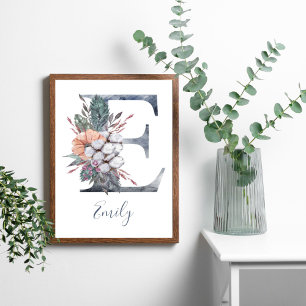 Blue Floral Watercolor Monogram E Nachname Poster