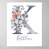 Blue Floral Watercolor Monogram K Name Poster (Vorne)
