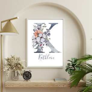 Blue Floral Watercolor Monogram K Name Poster