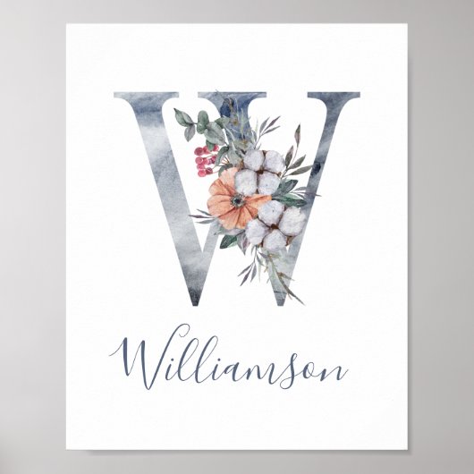 Blue Floral Watercolor Monogram W Nachname Poster (Vorne)