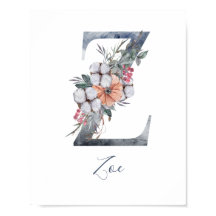 Blue Floral Watercolor Monogram Z Nachname Poster