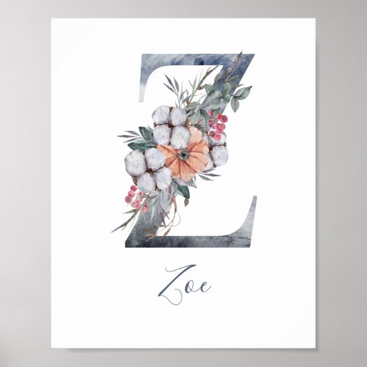 Blue Floral Watercolor Monogram Z Nachname Poster (Vorne)
