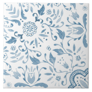 Blue Floral Watercolor Perfect Repeat Tile Fliese