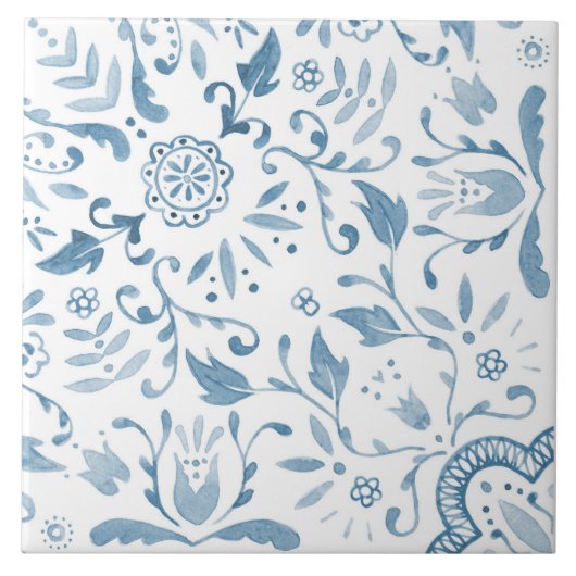 Blue Floral Watercolor Perfect Repeat Tile Fliese (Vorderseite)