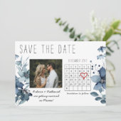 Blue Floral Watercolor Save the Date Kalender Ankündigung (Stehend Vorderseite)