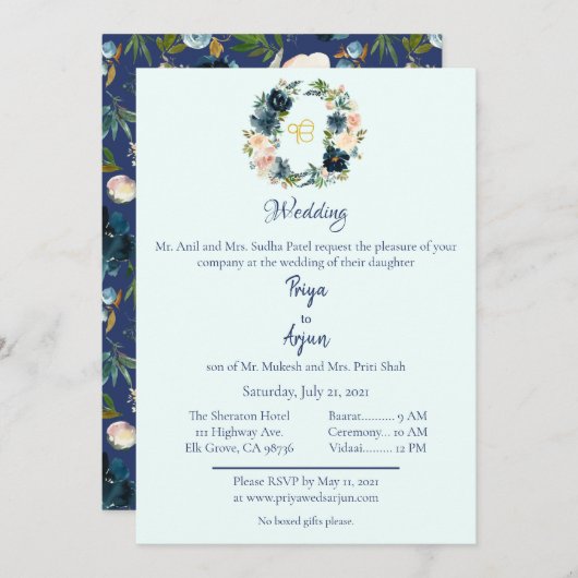 Blue Floral Watercolor Sikh Ik Onkar Wedding Einladung (Vorne/Hinten)