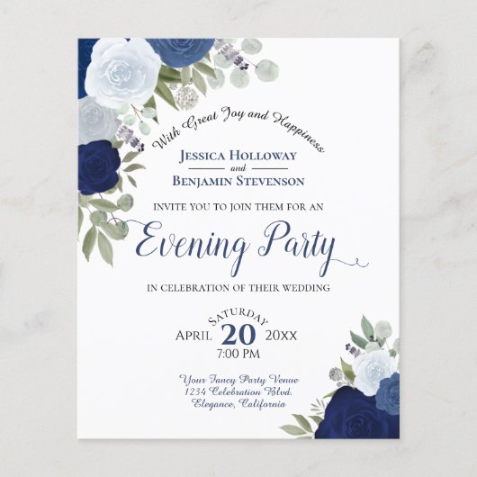 Blue Floral Wedding Abend Party Einladung (Vorderseite)
