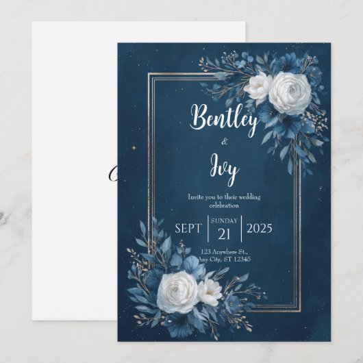 Blue Floral Wedding Einladung (Vorne/Hinten)