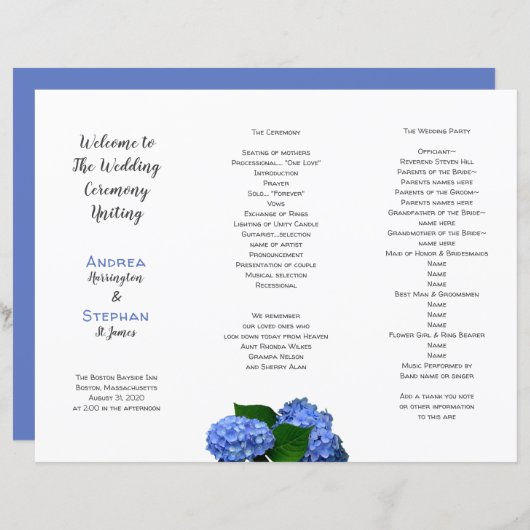 Blue Floral Wedding Folding Zeremonie Programm (Vorne/Hinten)