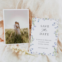 Blue Floral Wedding Foto Save the Date Card