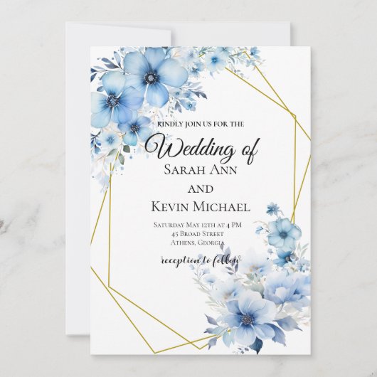 Blue Floral Wedding Invitation Einladung (Vorderseite)