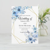 Blue Floral Wedding Invitation Einladung (Stehend Vorderseite)