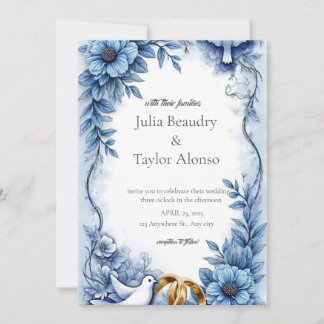 Blue Floral Wedding Invitation with White Dove | E Einladung