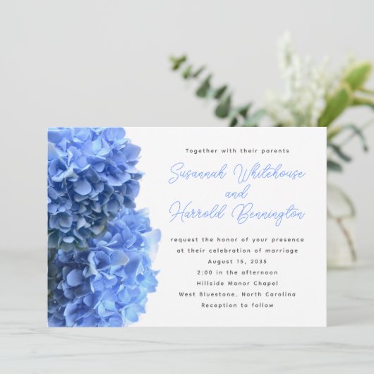 Blue Floral Wedding Invitations Einladung (Stehend Vorderseite)
