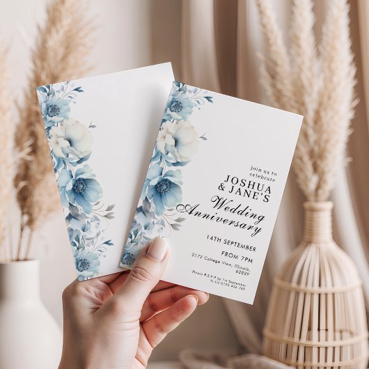 Blue Floral Wedding Jubiläum Einladung