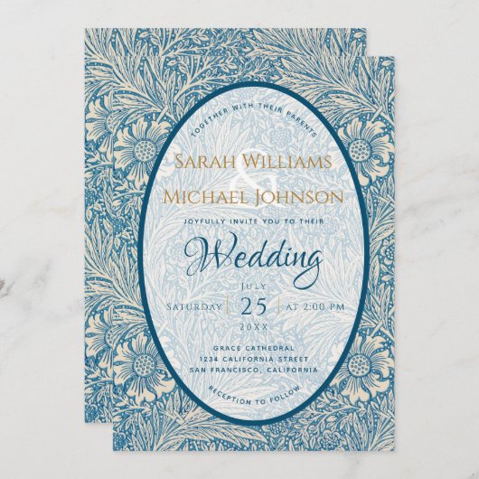Blue Floral Wedding Marigold William Morris Einladung (Vorne/Hinten)