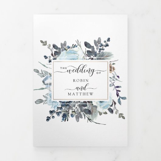 Blue Floral Wedding mit UAWG All in One Dreifach Gefaltete Einladung (Cover)