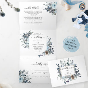 Blue Floral Wedding mit UAWG All in One Dreifach Gefaltete Einladung