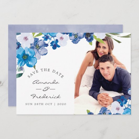 Blue Floral Wedding rettet das Datum Save The Date (Vorne/Hinten)