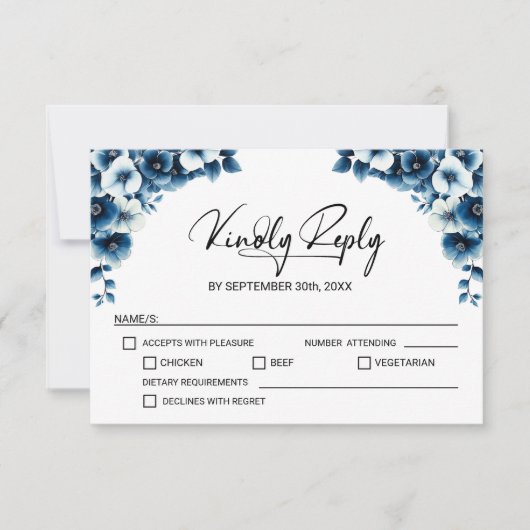 Blue Floral Wedding RSVP Karte (Vorderseite)