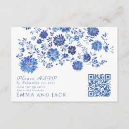 Blue Floral Wedding RSVP QR Code response Card Begleitkarte