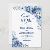 Blue Floral Wedding Save the Date Einladung (Vorderseite)