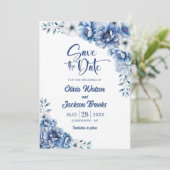 Blue Floral Wedding Save the Date Einladung (Stehend Vorderseite)