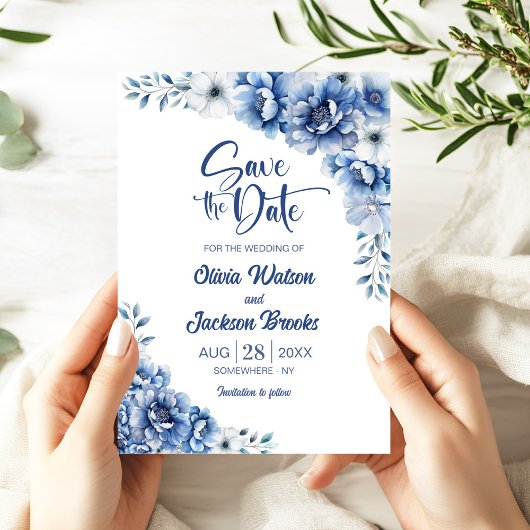 Blue Floral Wedding Save the Date Einladung