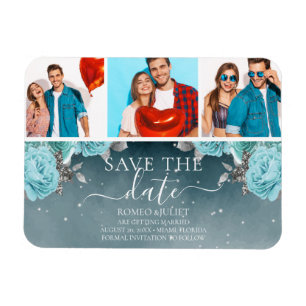 Blue Floral Wedding Save the Date Foto Collage Magnet
