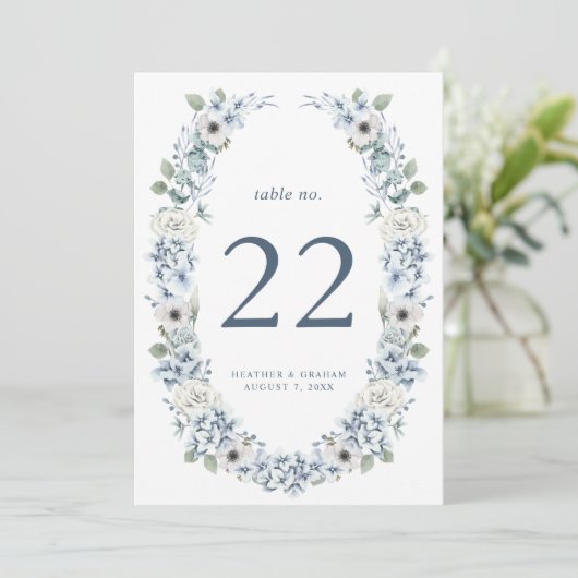 Blue Floral Wedding Tischnummer (Stehend Vorderseite)