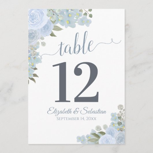 Blue Floral Wedding Tischnummer Card Groß (Rückseite)