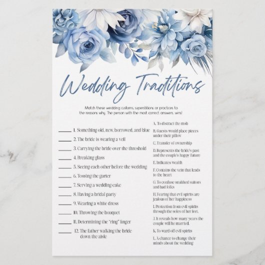 Blue Floral Wedding Traditions Brautparty Game Briefpapier (Vorderseite)