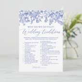 Blue Floral Wedding Traditions Brautparty Game Einladung (Stehend Vorderseite)