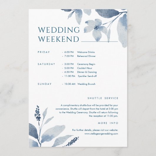 Blue Floral Wedding Welcome & Itinerary Card Einladung (Rückseite)