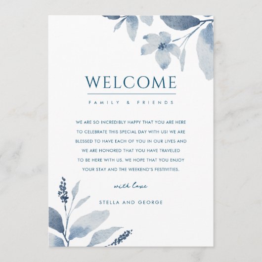 Blue Floral Wedding Welcome & Itinerary Card Einladung (Vorderseite)