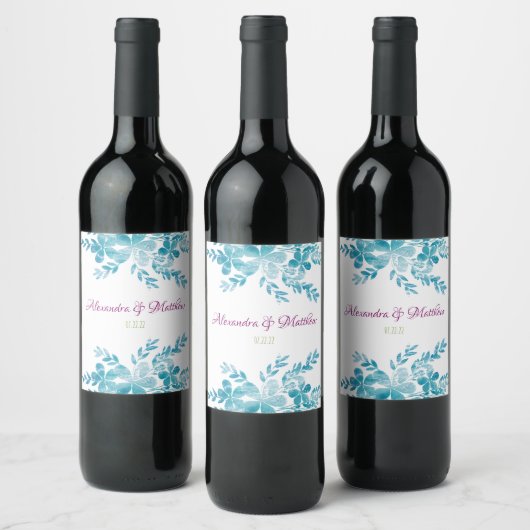 Blue Floral Wedding Wine Bottle Labels Weinetikett (Flaschen)