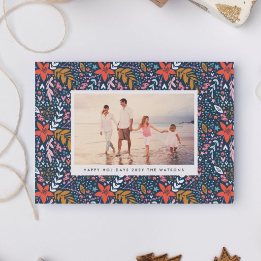 Blue Floral Weihnachten Hübscher Urlaub Fotokarte