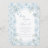 Blue Floral Whimsical Baby Shower  Einladung (Vorne/Hinten)