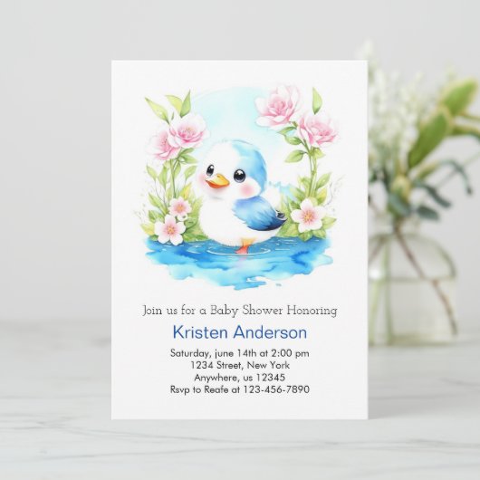 Blue Floral Whimsical Duck Boy Baby Dusche Einladung (Stehend Vorderseite)