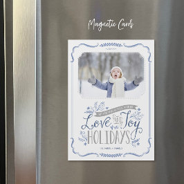 Blue Floral Whimsy Magnetic Holiday Foto Card Magnetkarte