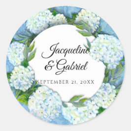 Blue Floral White Hydrangea Leaf Damask Wedding Runder Aufkleber