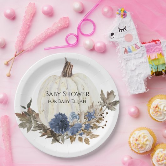 Blue Floral White Pumpkin Baby Boy Dusche Pappteller (Party)