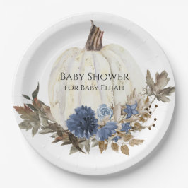 Blue Floral White Pumpkin Baby Boy Dusche Pappteller