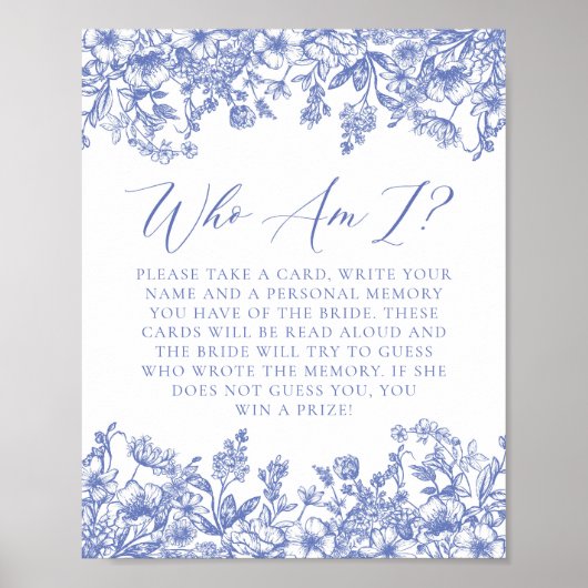 Blue Floral Who I Brautparty Game Sign Poster (Vorne)