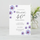 Blue Floral Wildblume 40. Geburtstag Party Einladung (Stehend Vorderseite)